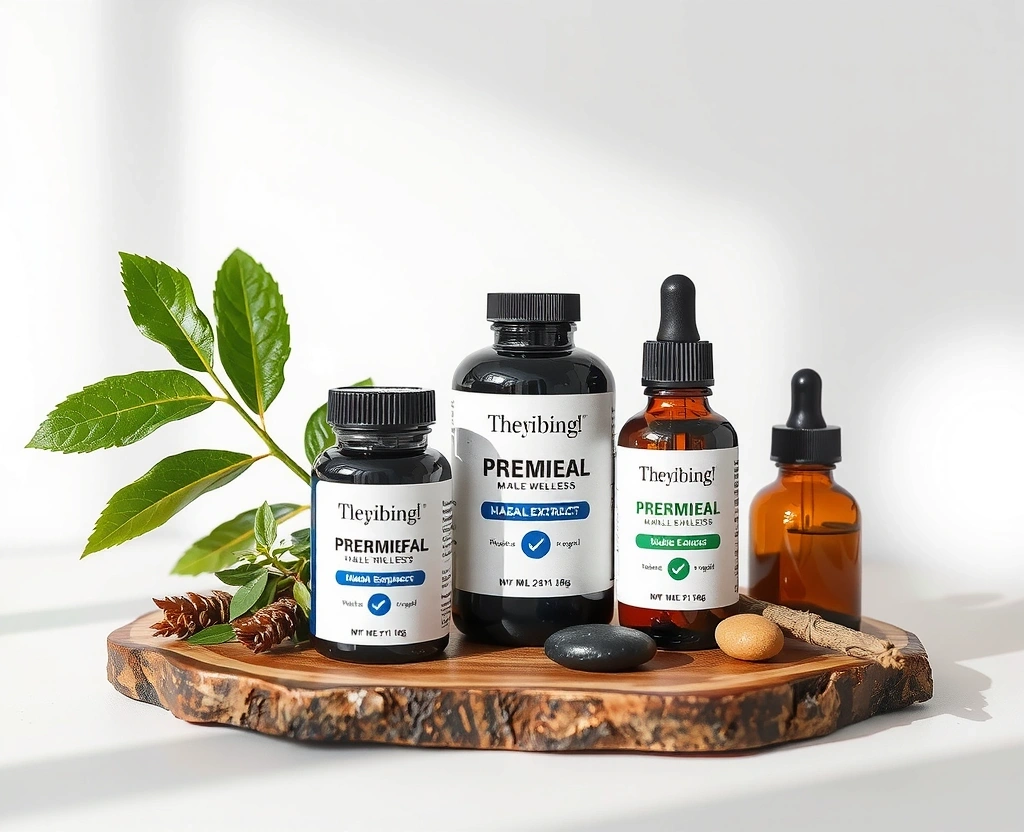 Natural male wellness vitality collection showing premium supplements and herbal extracts