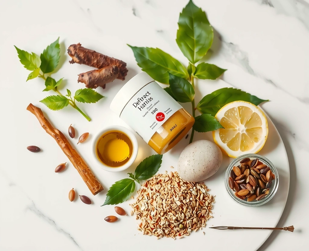 Natural ingredients showcase featuring premium herbs and plant extracts used in male wellness formulations